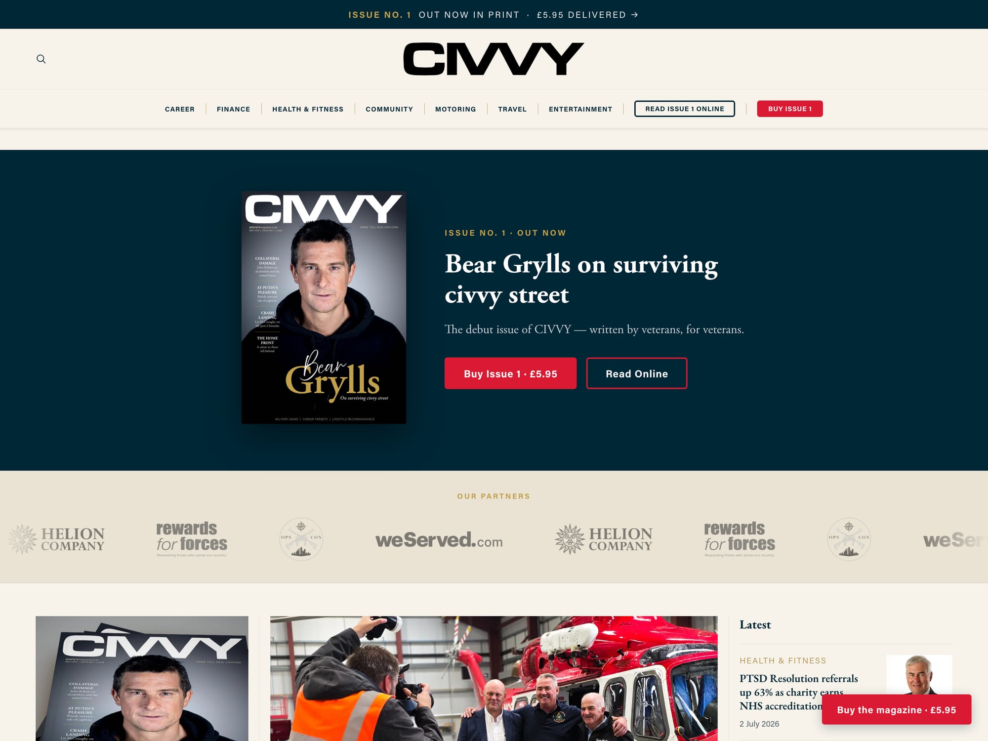 The CIVVY Magazine home page: the Issue 1 cover featuring Bear Grylls, with buy and read-online buttons.
