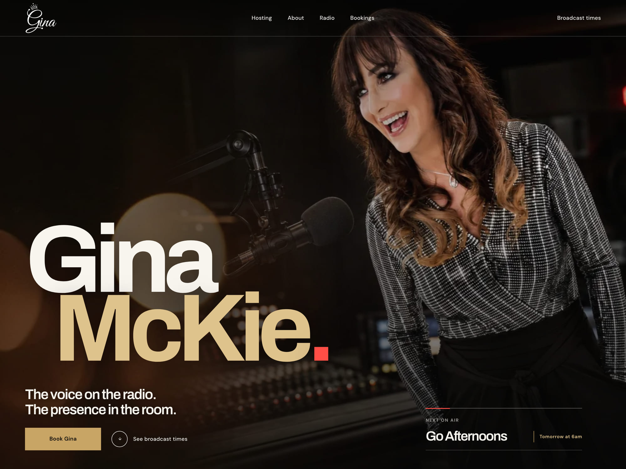 The Gina McKie home page, with the studio portrait, the site's booking call to action and a next-on-air panel showing the following show.
