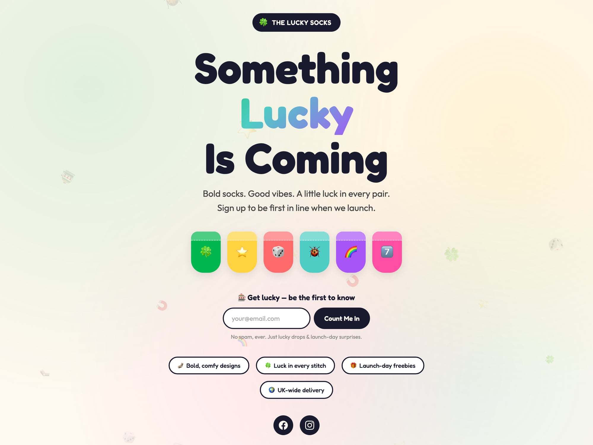 The Lucky Socks holding page: a 'Something Lucky Is Coming' headline above colourful sock graphics and an email sign-up form.